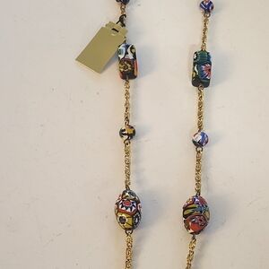 Murano Millefiore Glass Colorful Beaded Necklace with Goldtone Chain 26"